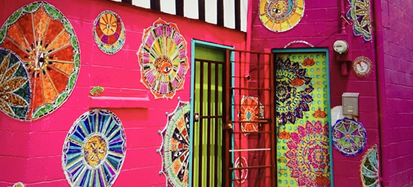 Colorfully painted building exterior with circular design