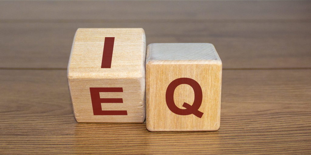 Wooden cubes with the expression 'IQ' 'Intelligence Quotient' to 'EQ' 'Emotional Intelligence Quotient'.