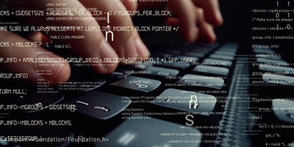 Creative visual of computer programming coding and software development shown by man working on computer keyboard with overlay of computer graphic displaying abstract program codes and computer script