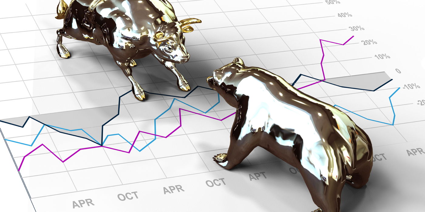 bull and bear stock market investment symbols on financial chart 3d render